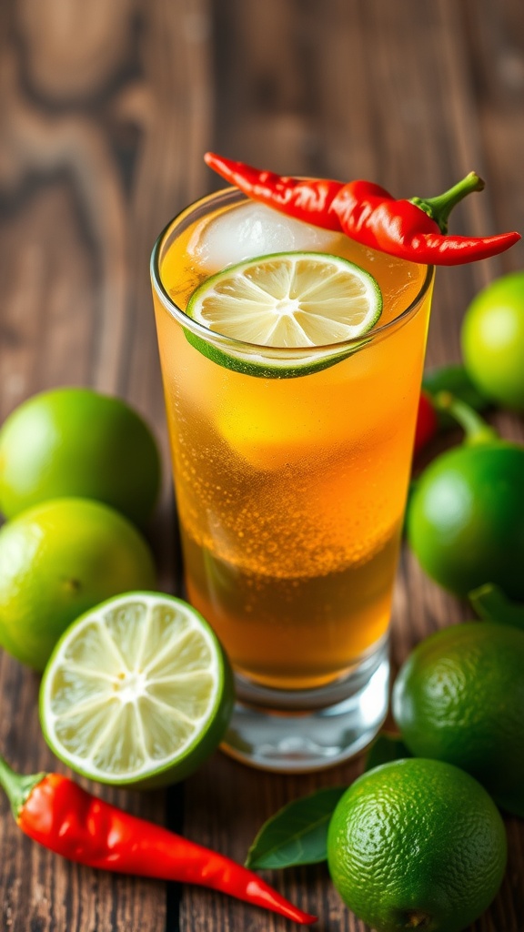 Spicy chili pepper gin cocktail in a glass with lime and chili garnish on a wooden table.