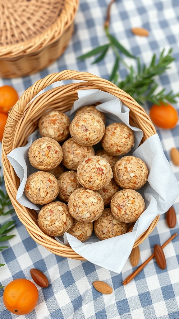 A basket filled with almond apricot energy bites on a checkered tablecloth.
