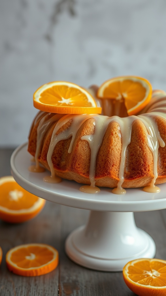 Almond cake topped with orange glaze and orange slices, displayed on a white cake stand.