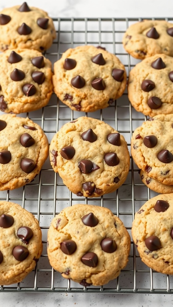 Almond flour chocolate chip cookies on a cooling rack.
