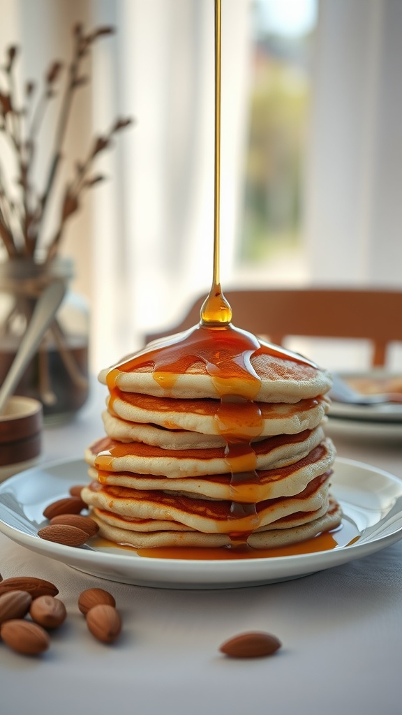 A stack of almond flour pancakes drizzled with maple syrup, surrounded by almonds on a plate.