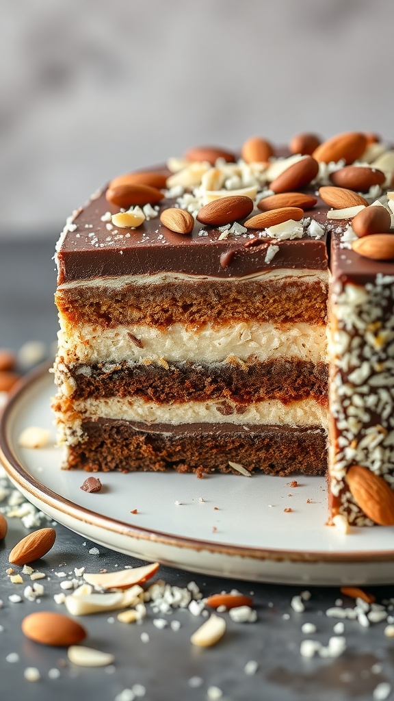 A layered Almond Joy Cake with chocolate frosting, coconut filling, and almonds on top.