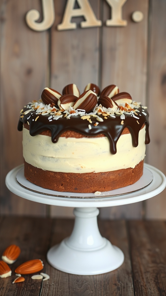 A beautifully decorated Almond Joy Cake topped with chocolate, coconut, and almonds.