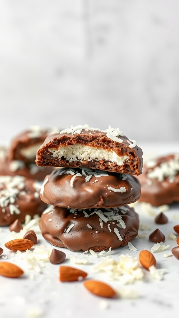 A stack of no-bake Almond Joy cookies, one with a bite taken out, surrounded by almonds and chocolate chips.