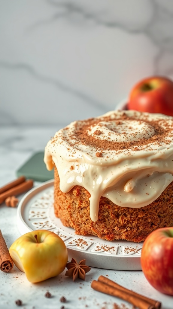 A beautifully frosted apple spice cake surrounded by fresh apples and cinnamon sticks.