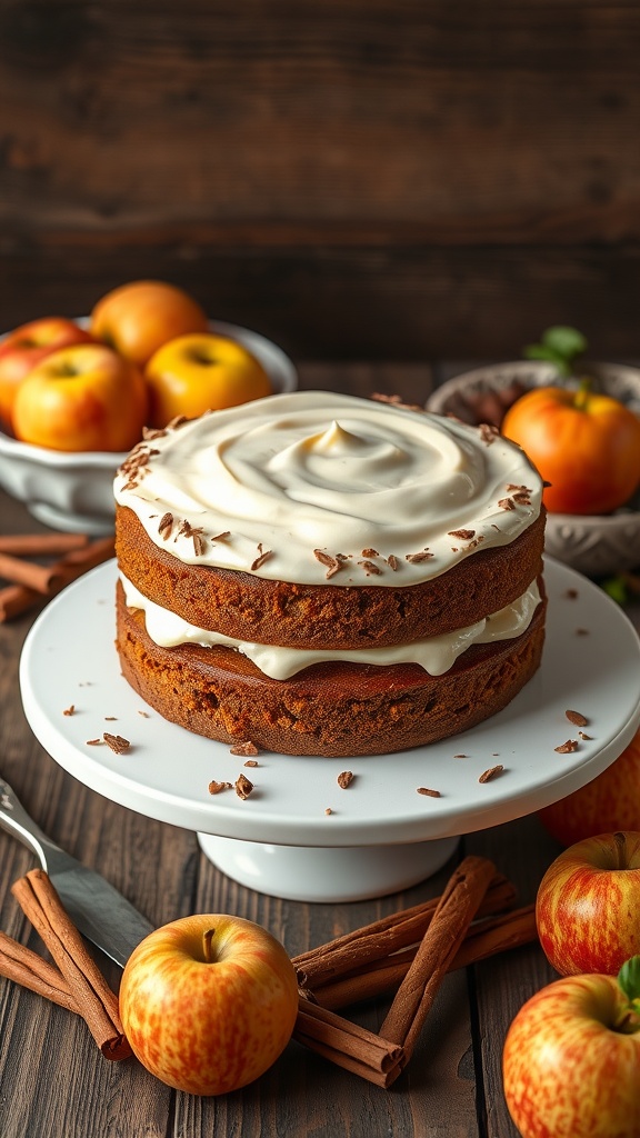 A two-layer apple spice cake topped with creamy frosting, surrounded by apples and cinnamon sticks.