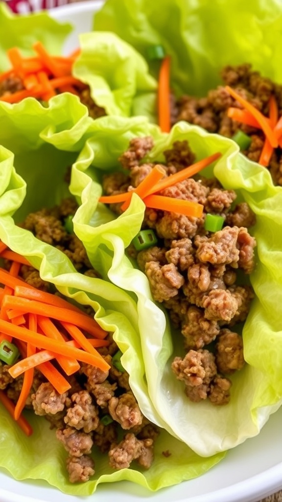 Plate of Asian beef lettuce wraps filled with ground beef and topped with carrot strips.