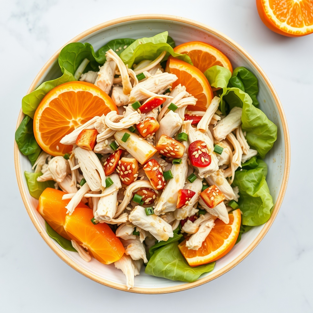 Bowl of Asian Sesame Chicken Salad with lettuce, chicken, orange slices, and sesame seeds