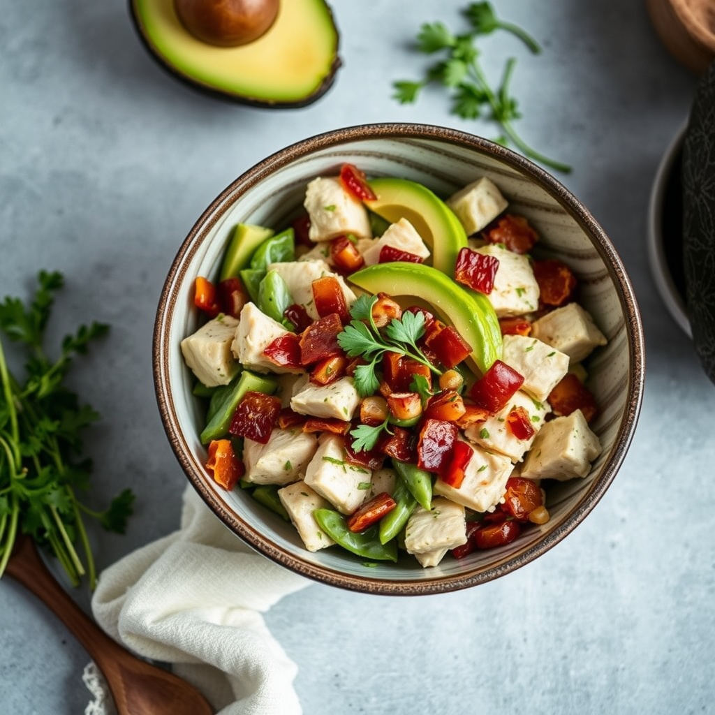 A delicious avocado and bacon chicken salad in a bowl with colorful ingredients.