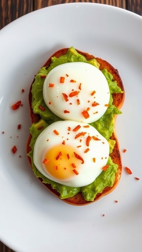 A plate of avocado toast topped with two poached eggs and red chili flakes