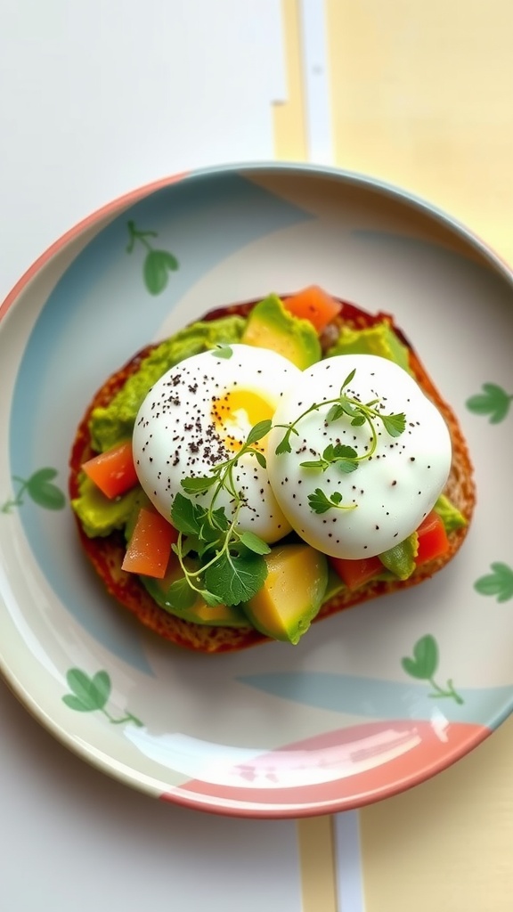 A plate of avocado toast topped with two poached eggs, diced tomatoes, and herbs