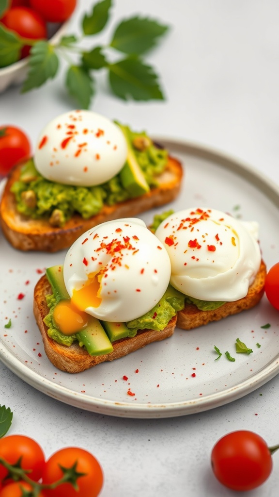 Avocado toast topped with poached eggs, cucumber slices, and red pepper flakes, with cherry tomatoes on the side.