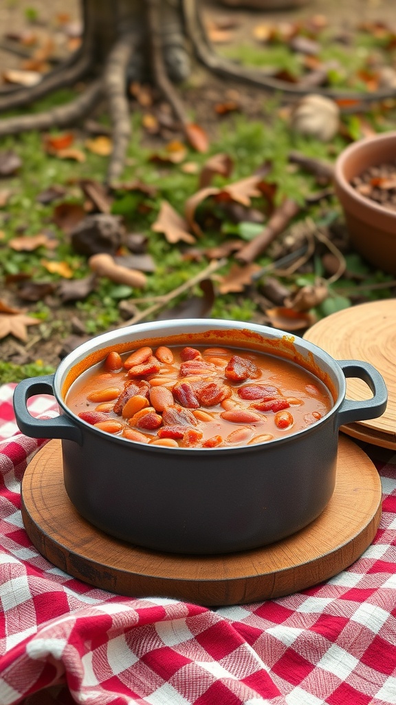 A pot of baked beans with bacon on a wooden board, set on a red and white checkered tablecloth near a tree.