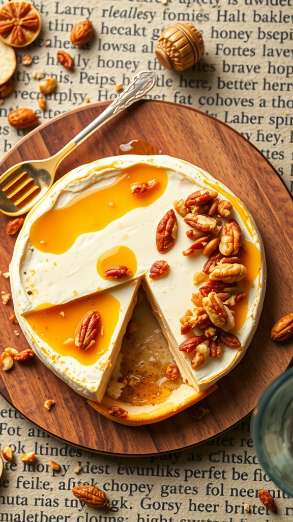 A round baked brie topped with honey and nuts on a wooden plate, with a fork and scattered nuts around.