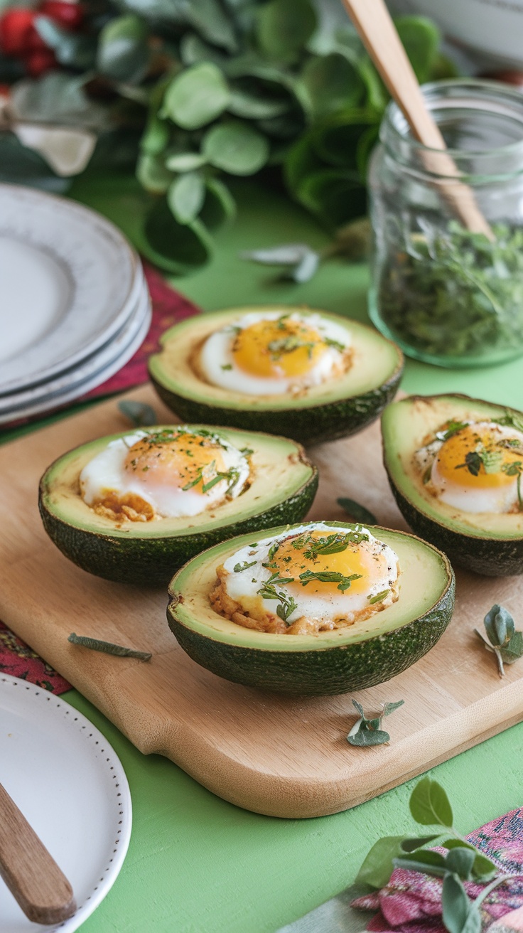 Baked eggs in avocado on a plate with herbs, set on a colorful table.