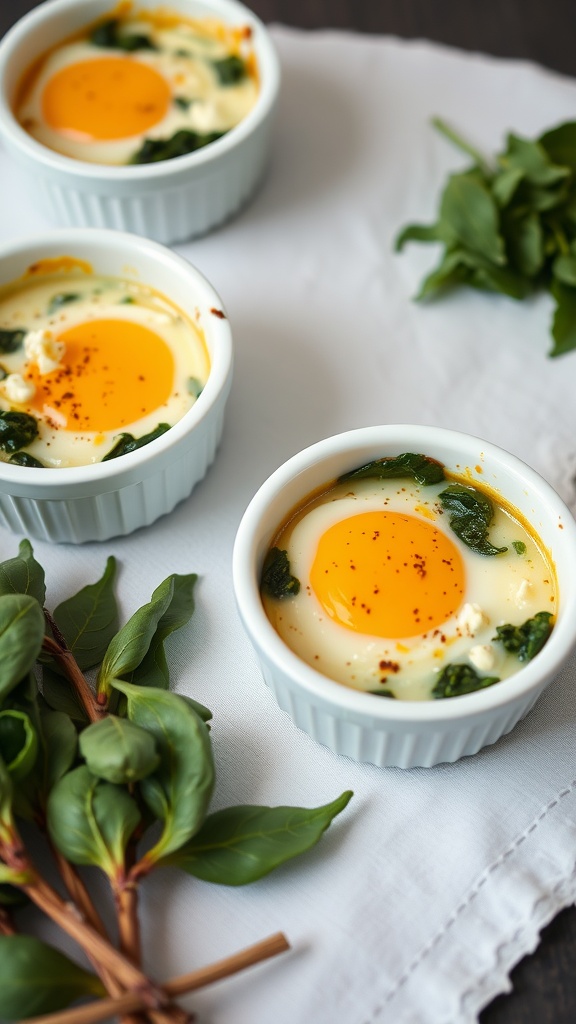 Ramekins with baked eggs, spinach, and feta on a white cloth with fresh spinach