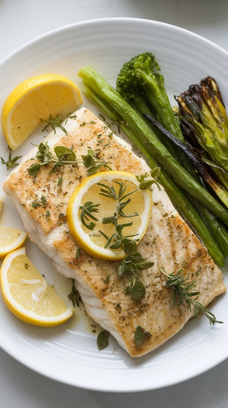 Baked fish fillet with lemon slices and herbs on a plate, surrounded by vegetables.