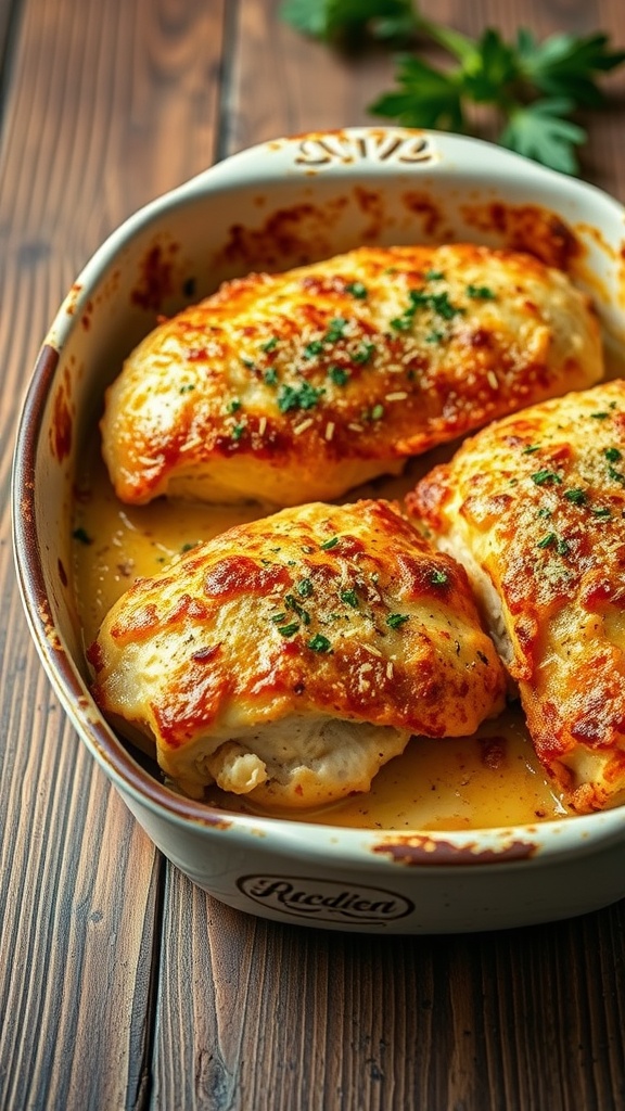 Baked Parmesan Crusted Chicken Casserole in a dish, featuring golden crust and parsley on top.