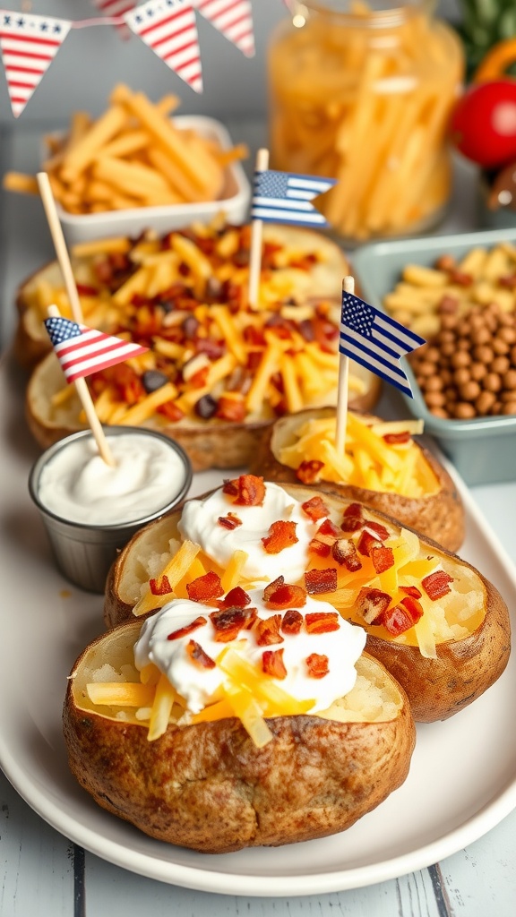 Baked potato bar with toppings like cheese, bacon, and sour cream, decorated with festive flags for Memorial Day.