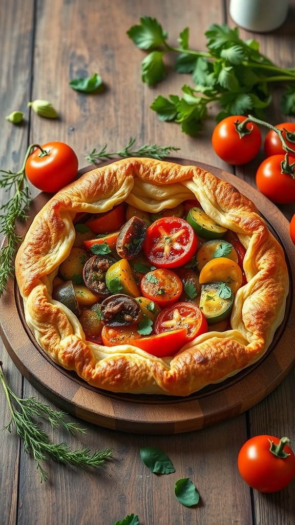 Baked Ratatouille in puff pastry with fresh vegetables and herbs