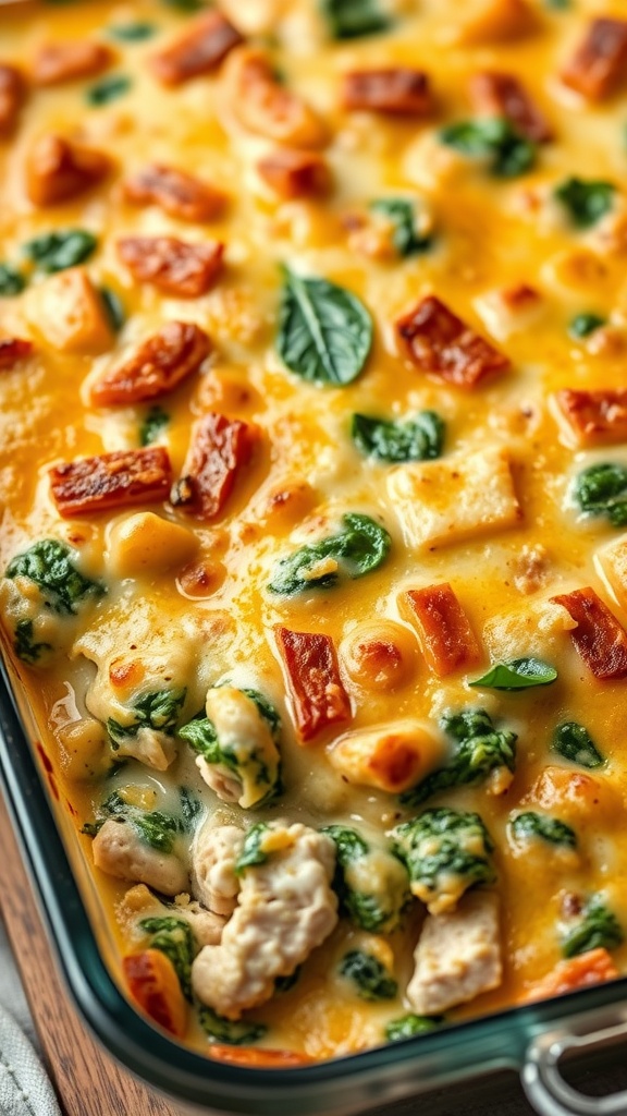 A delicious baked tuna and spinach casserole with melted cheese on top