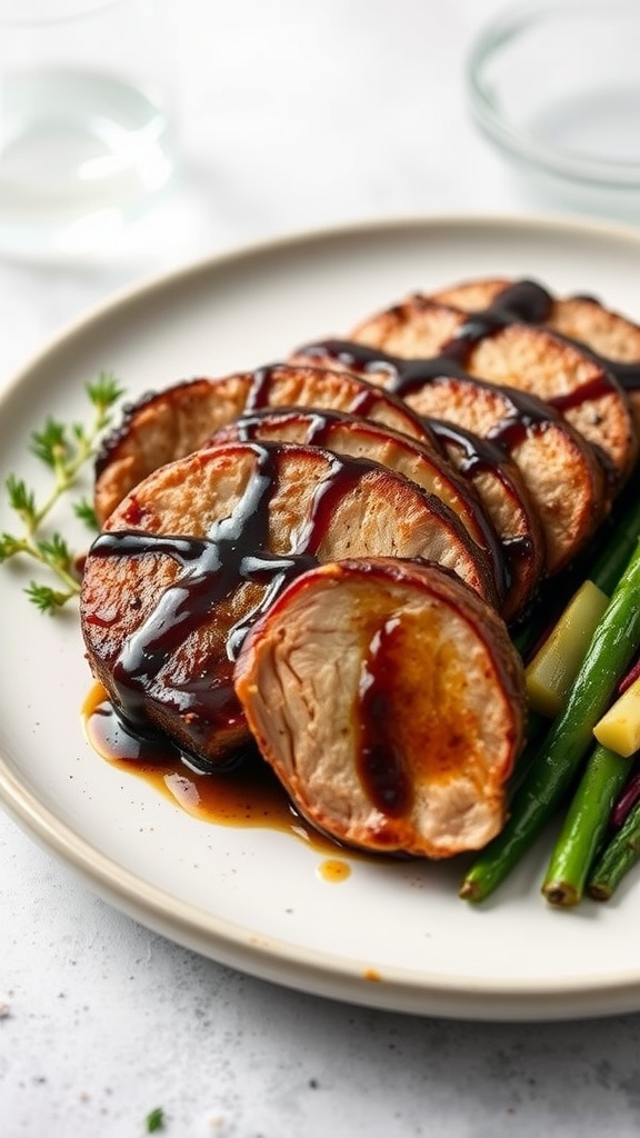Sliced balsamic glazed pork medallions on a plate with green beans.