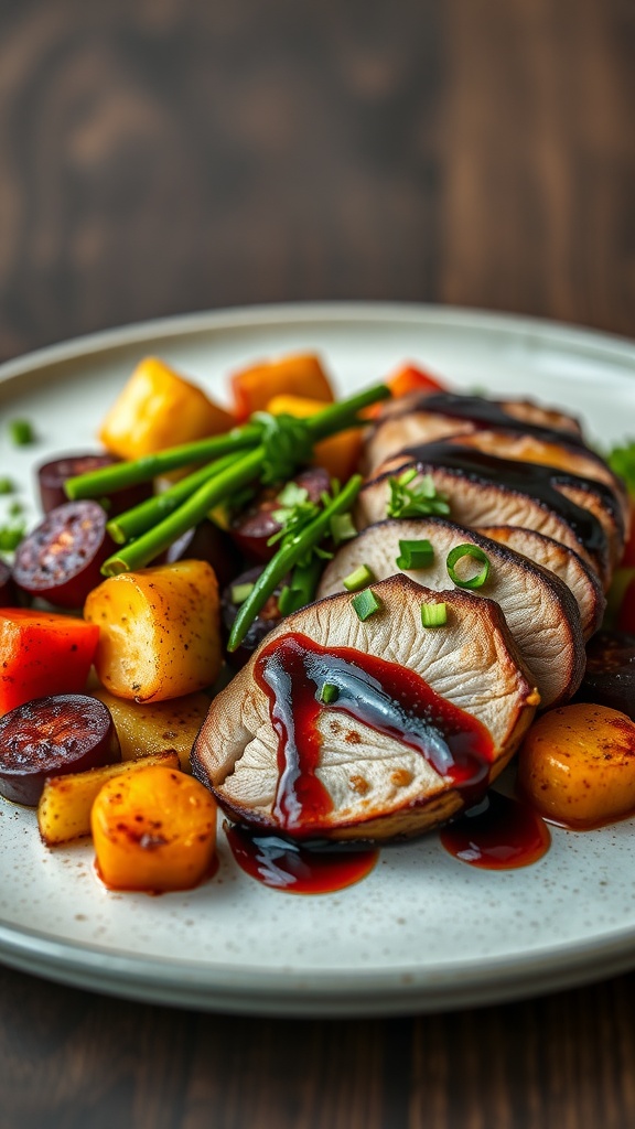 A plate of balsamic glazed pork medallions with colorful roasted vegetables.