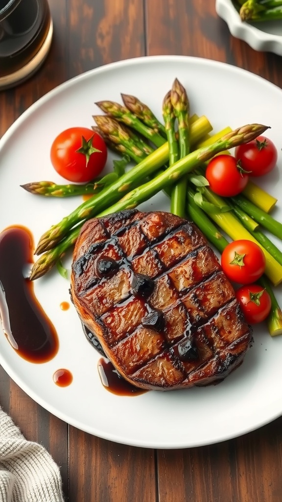 Balsamic glazed steak with roasted asparagus and cherry tomatoes on a white plate