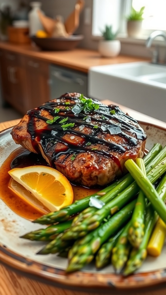 A plate featuring balsamic glazed steak with roasted asparagus and a lemon slice