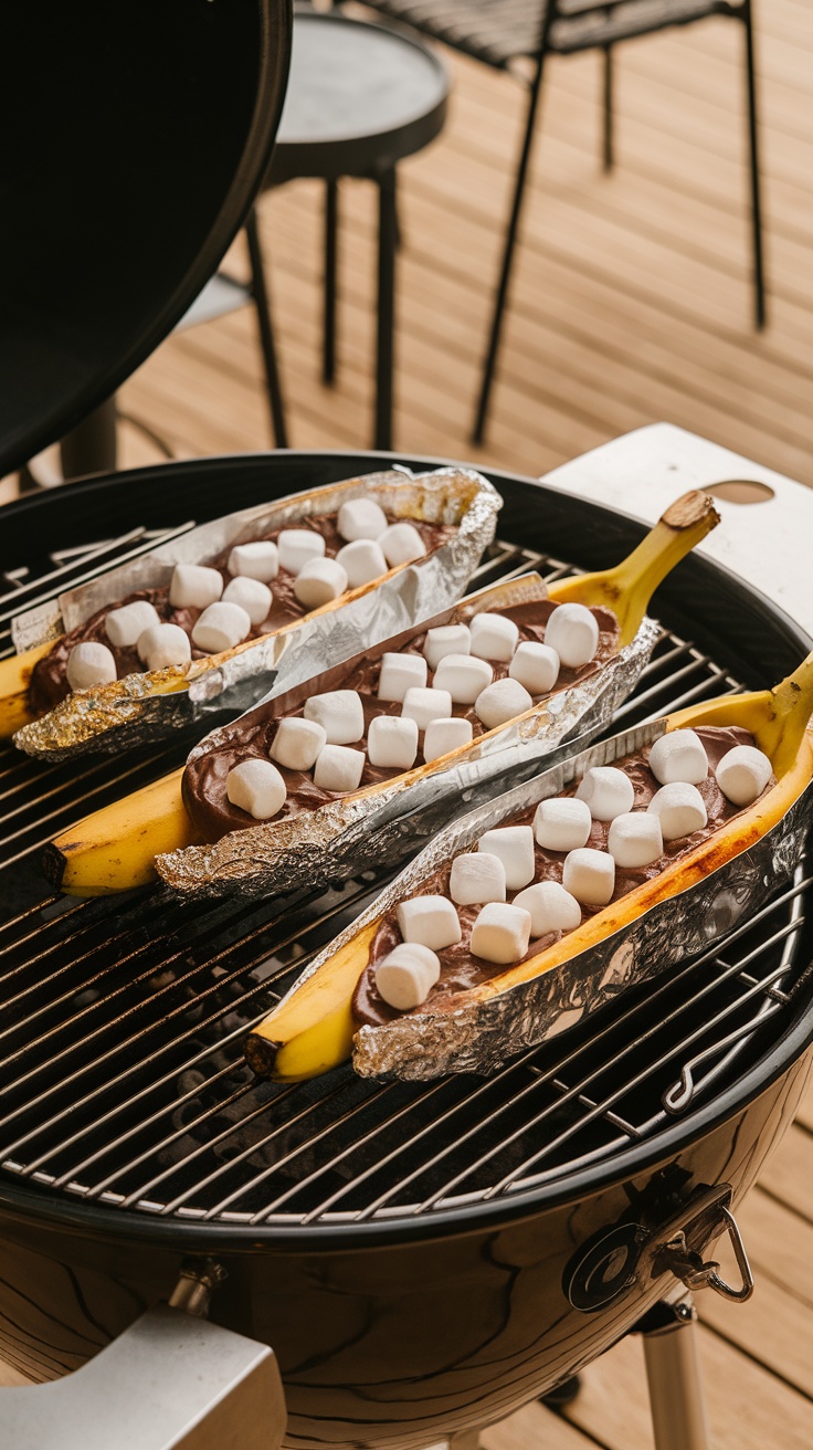 Grilled banana boats with chocolate and marshmallows on the grill.