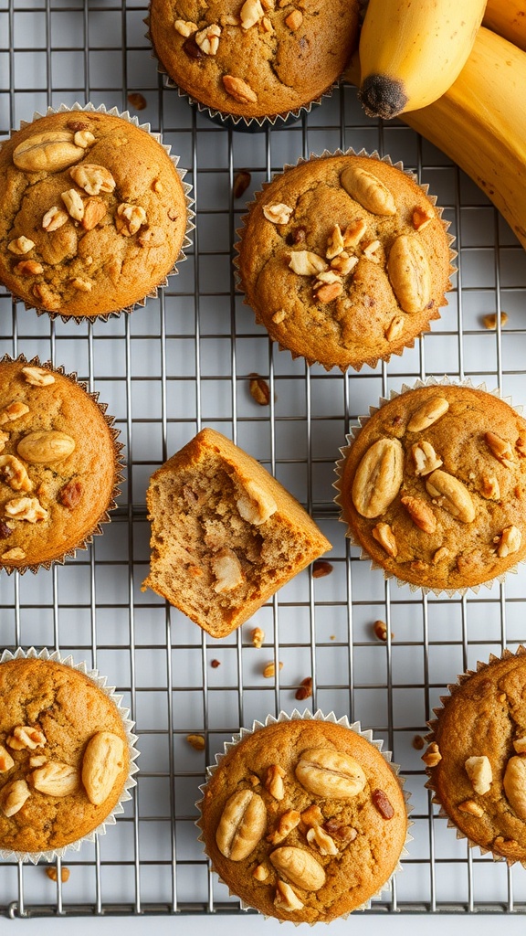 Freshly baked banana nut muffins on a cooling rack with whole bananas in the background.