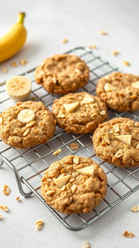 A cooling rack with banana oat cookies, banana slices nearby