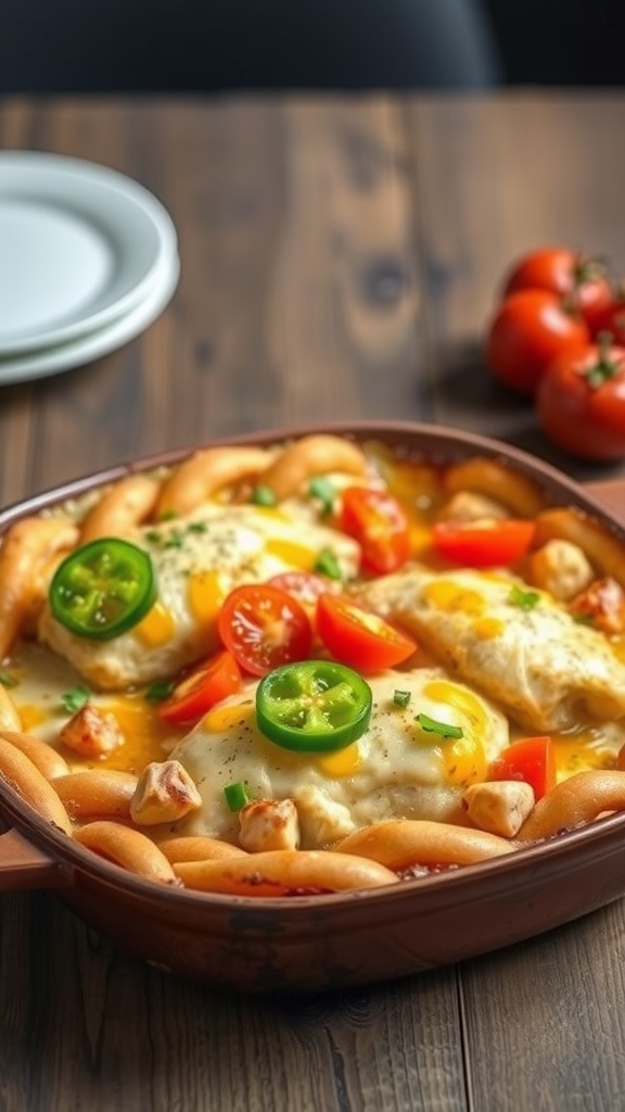 A serving of Banana Pepper & Tomato Baked Chicken in a casserole dish with colorful toppings