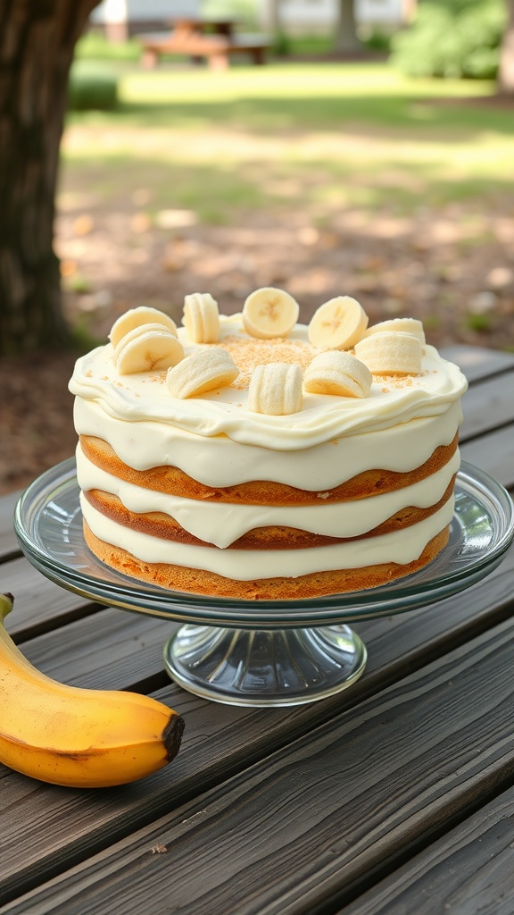 A delicious Banana Pudding Cake with banana slices on top, displayed on a glass cake stand.