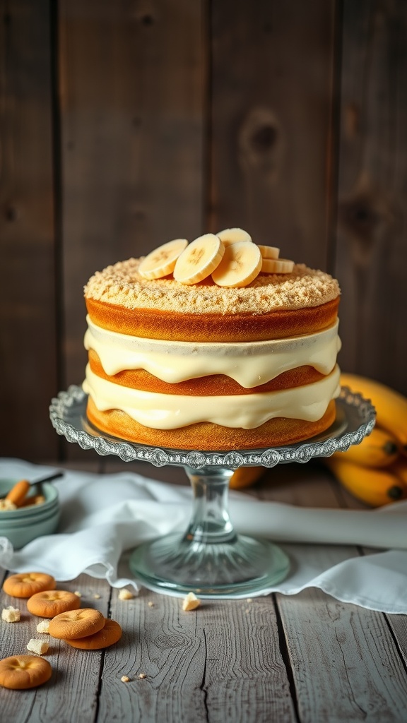 A beautifully layered Banana Pudding Cake topped with banana slices, displayed on a glass cake stand.