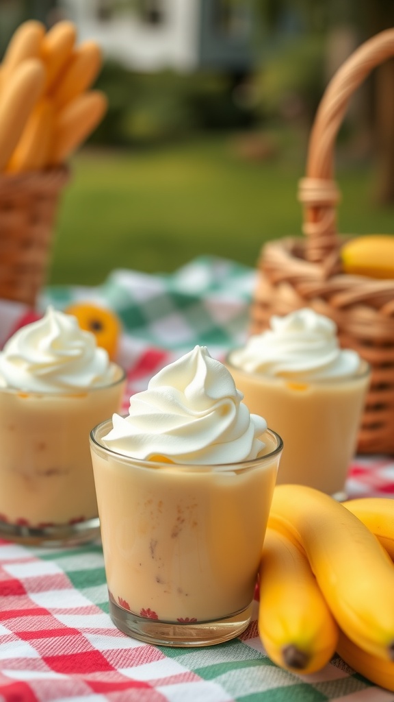 Delicious banana pudding cups on a picnic table.