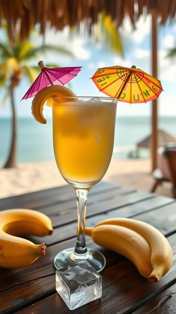 A glass of banana rum daiquiri with colorful umbrellas, set against a tropical background.