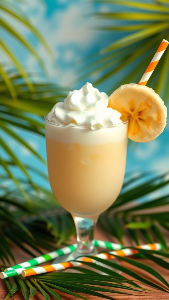 A Banana Rum Daiquiri garnished with whipped cream and a slice of banana, served in a clear glass with colorful straws and palm leaves in the background.
