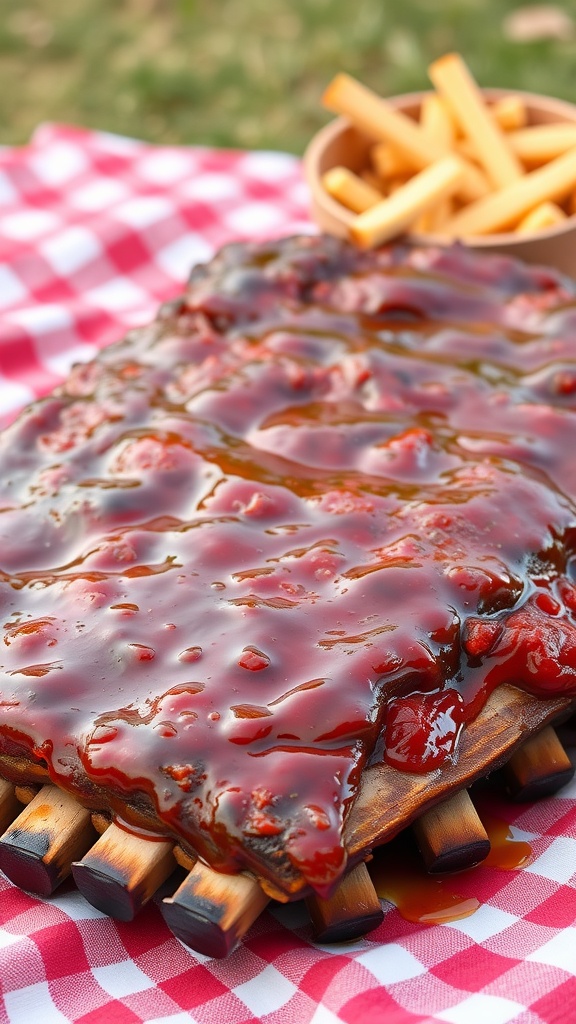 Delicious barbecue ribs glazed with sauce, served with fries on a checkered tablecloth.