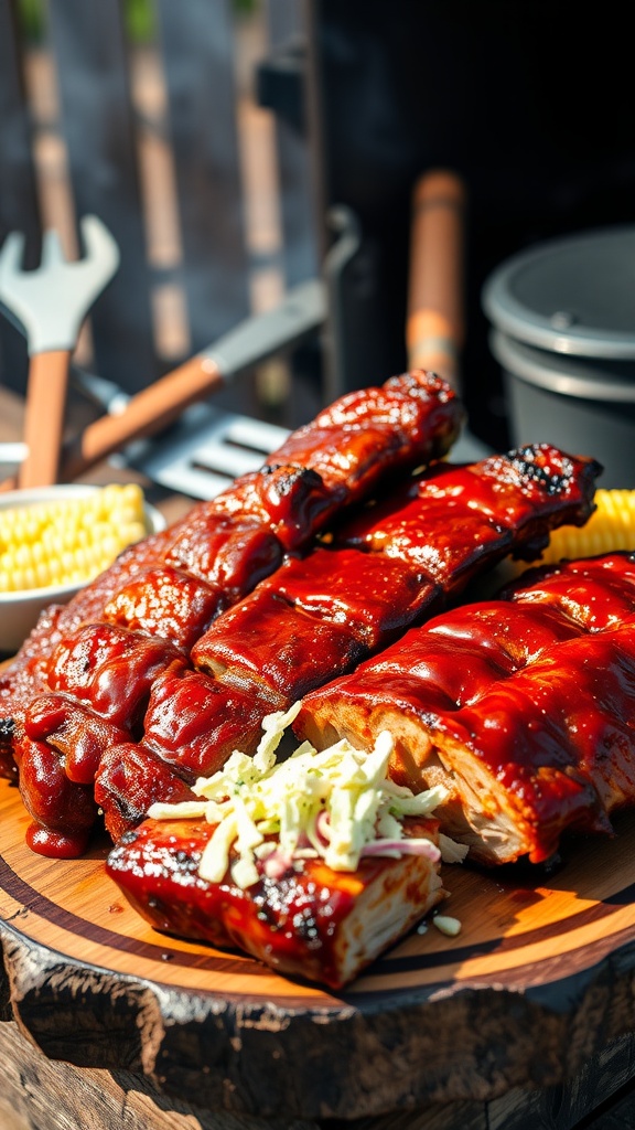 A plate of barbecue ribs covered in sauce with shredded cabbage on the side, ready for grilling.