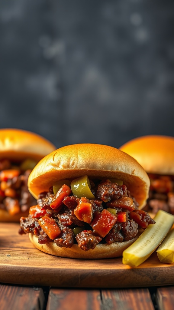 BBQ beef sloppy joes in soft buns with colorful veggies