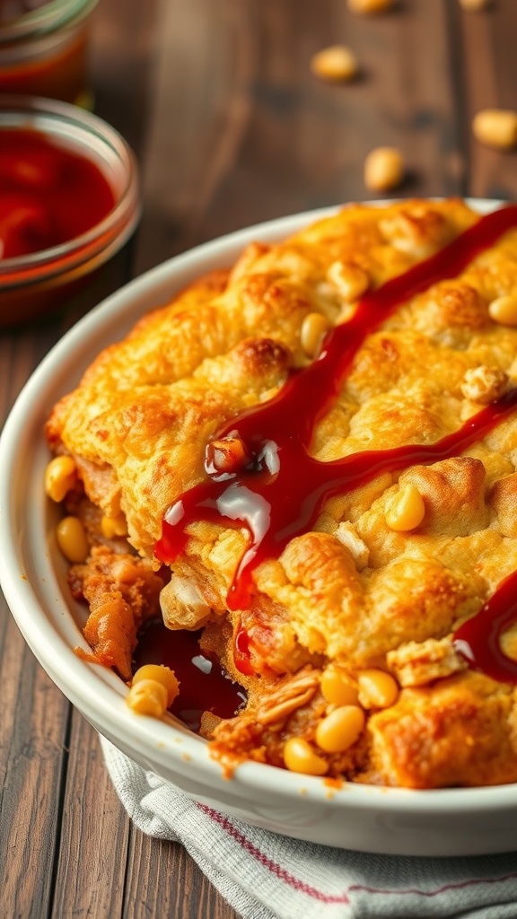 A close-up view of BBQ Chicken Cornbread Casserole topped with BBQ sauce.