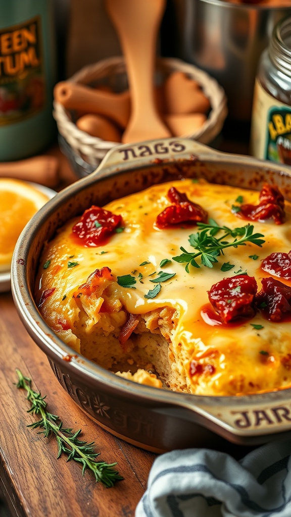 A delicious BBQ Chicken Cornbread Casserole topped with cheese and herbs, sitting in a rustic dish on a wooden table.