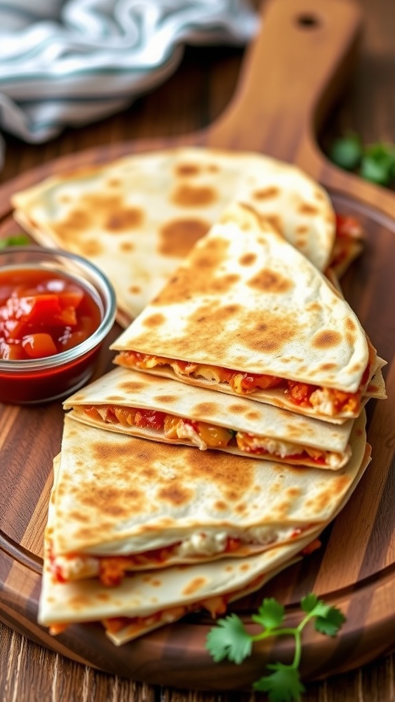 Delicious BBQ Chicken Quesadillas on a wooden plate with salsa and sour cream.