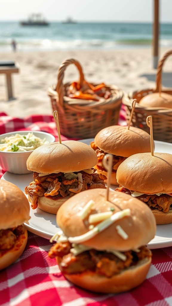 BBQ chicken sliders with coleslaw on a beach picnic.