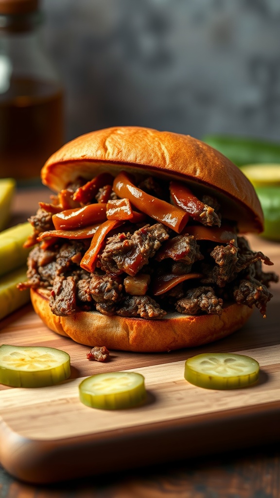 A delicious BBQ chopped beef sandwich with peppers, served with pickles.
