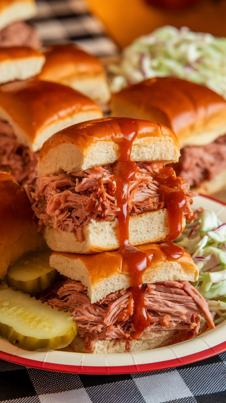 Two BBQ pulled pork sliders stacked on a picnic table with pickles and sides.