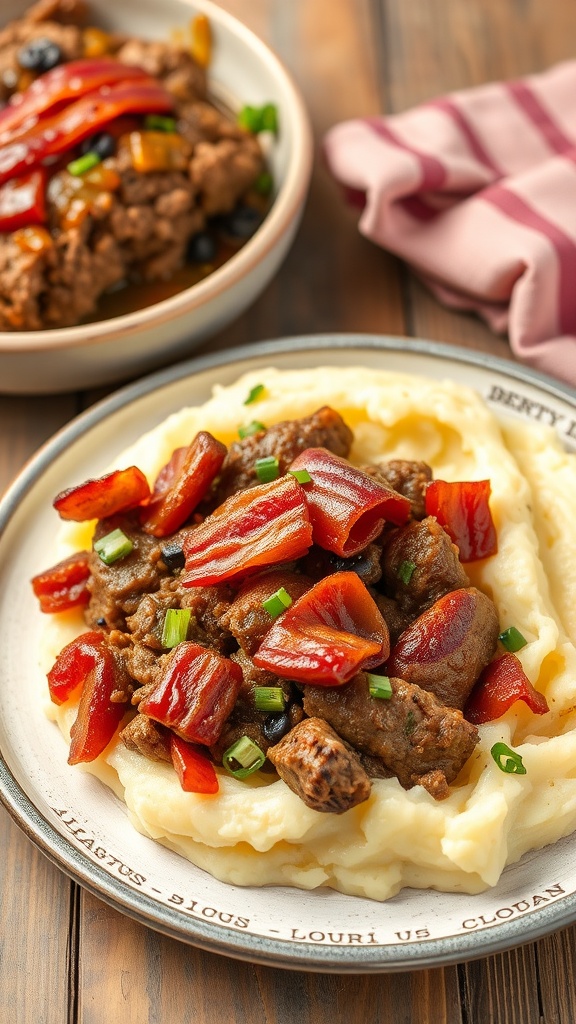 A plate of beef and bacon meatloaf served over mashed potatoes with red peppers and green onions.