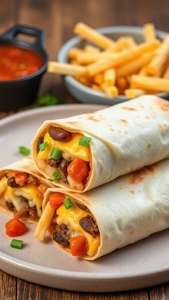 A close-up view of beef and bean burritos with cheese and colorful vegetables, served on a plate with salsa and fries in the background.