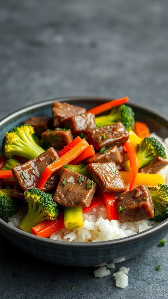 A bowl of beef and broccoli stir-fry served over rice with colorful vegetables.